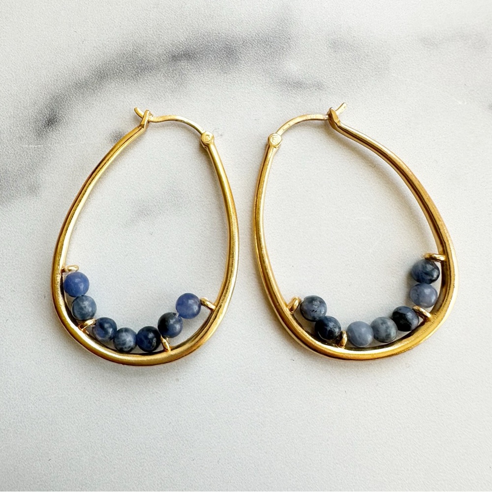 Gold Hoop Earrings with Blue Beads Boho